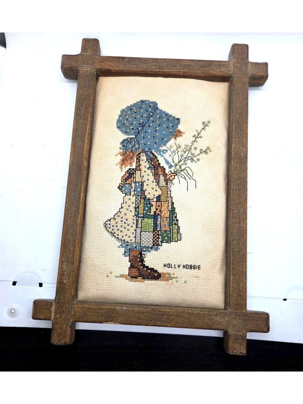 VTG Holly Hobbie Cross-Stitch Art Framed 13 x 7 1970s cottage, core prairie